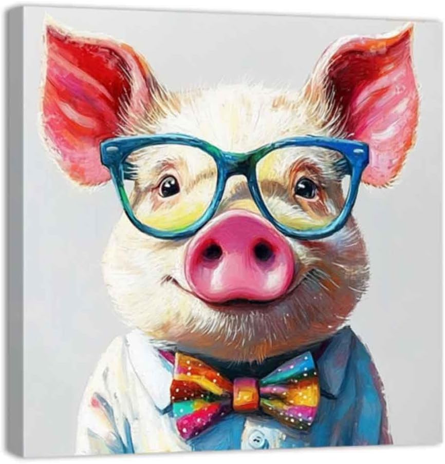 ZQQART Cartoon Animal Canvas Wall Art Funny Animal with Glasses Picture Prints Colorful Frog Pig Dog Panda Paintings Kids Room Decor Framed(Green,12.00" x 12.00")