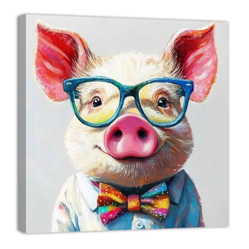 ZQQART Cartoon Animal Canvas Wall Art Funny Animal with Glasses Picture Prints Colorful Frog Pig Dog Panda Paintings Kids Room Decor Framed(Pink,12.00" x 12.00")