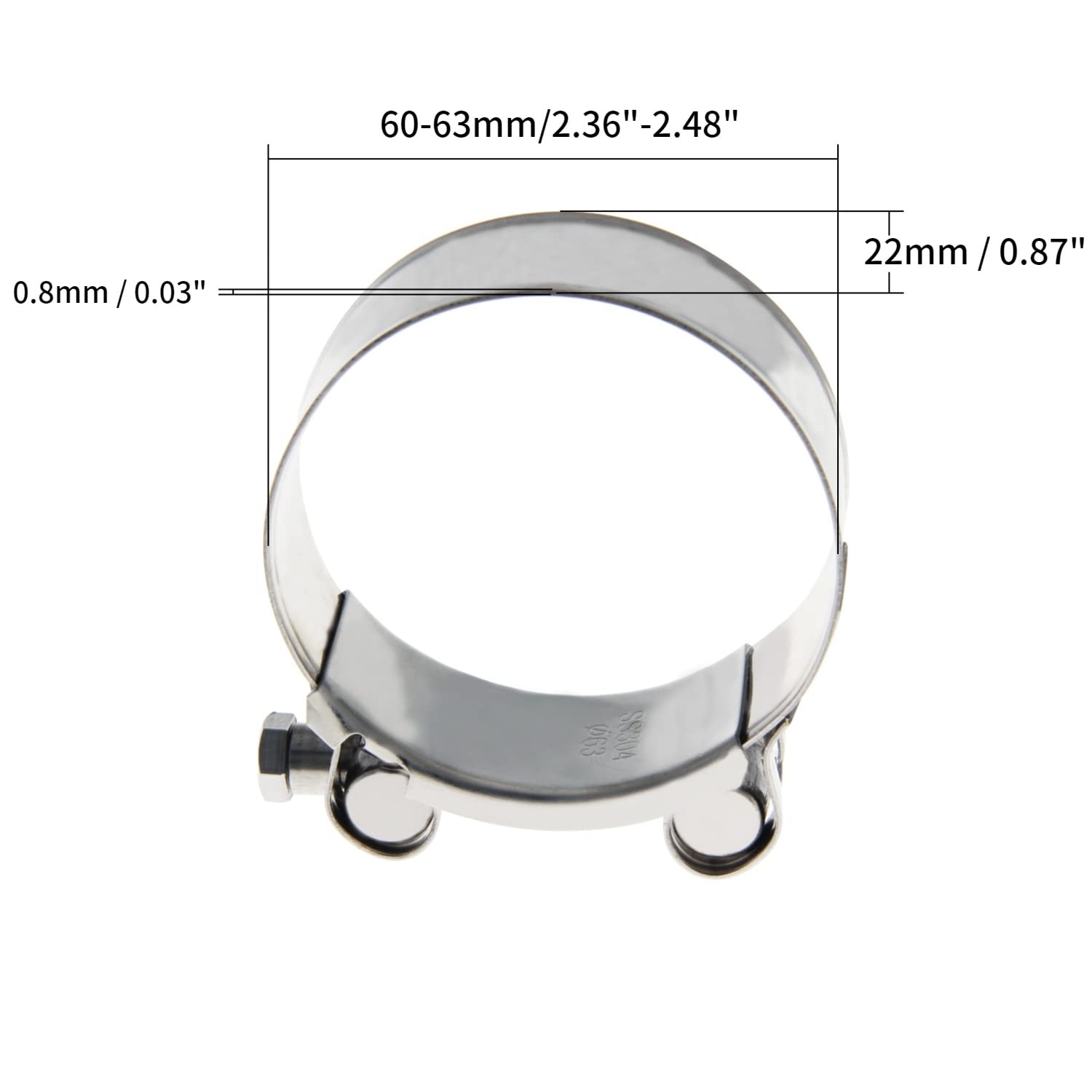 Juvielich T-Bolt Hose Clamp,Clamp Range 60-63mm,for Fuel Pump Filter Hose Plumbing Silver 2pcs