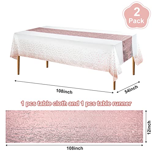 Image of Irenare 2 Pcs White and Rose Gold Tablecloth and Sequin Table Runner Set Polka Dots Confetti Table Cover Dining Plastic Tablecloths Glitter Decorations for Birthday Wedding Anniversary Party Supplies