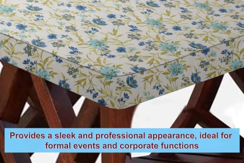 Image of The Furnishing Tree Elastic Cotton Rectangular Center Table Cover 24x36 in Inches Floral Blue Leaf on offwhite Base