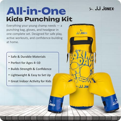 Image of JJ Jonex Sports Kids Boxing Punching Bag Set - Heavy Boxing Bag, Gloves, MMA, Home Gym & Martial Arts Training Equipment | for Boys & Girls for Age 3 4 5 6 7 8 Years | Yellow Color |