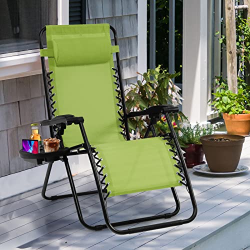 Goplus Zero Gravity Chair, Adjustable Folding Reclining Lounge Chair With Pillow And Cup Holder, Patio Lawn Recliner For Outdoor Pool Camp Yard (1, Green) #TOP1