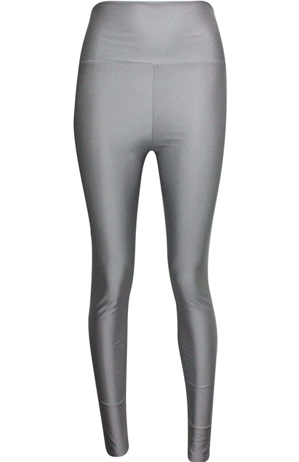 JJ CLOTHING Womens High Waist Stretchy Disco Leggings Ladies Shiny Slim Fit Wet Look Tights Pants (Grey, XL)