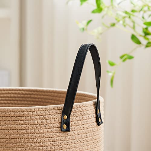 Image of VIPOSCO 58L Tall Woven Rope Laundry Hamper, Leather Handles, Brown & Black | Large Wicker Laundry Basket for Dirty Clothes, Blanket, Toy, Towel, Yoga Mat, Storage Bin in Bedroom, Bathroom, Living Room