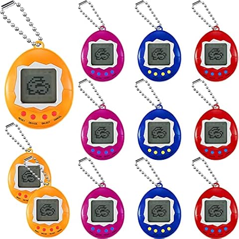 12 Pieces Virtual Electronic Digital Pets Keychain Game Keyring Retro Handheld Game Machine Nostalgic 90s Toy for Boys Girls (168 Pets, Blue, Pink, Red and Yellow) Cover