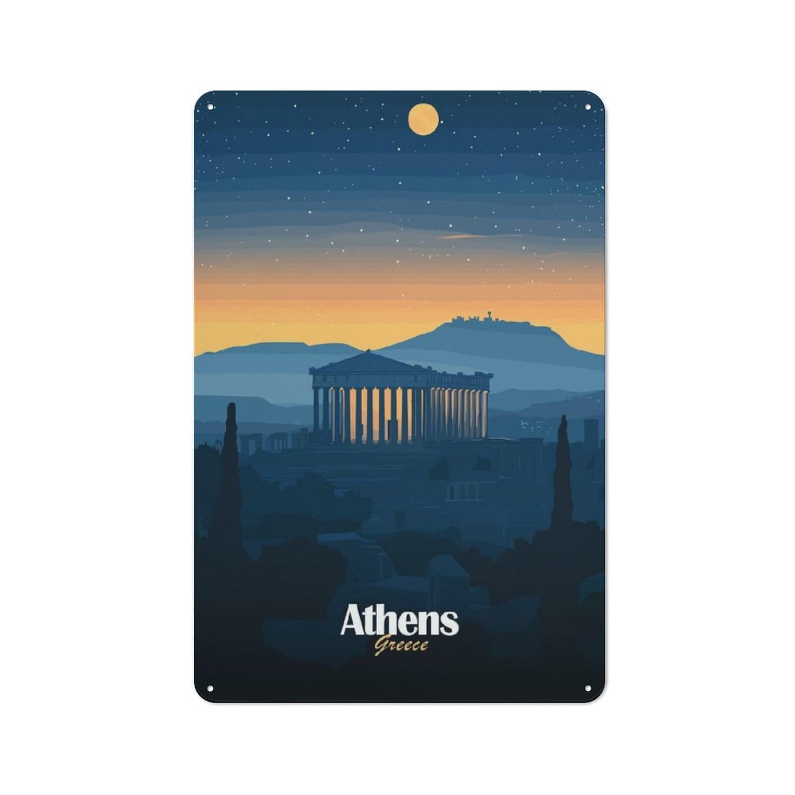 Junmoney Style-22 Athens Skyline At Night Retro Tin Wall Plaque 30X20cm For Home Office Or Studio, For Cooler-Month Interiors With Retro Character
