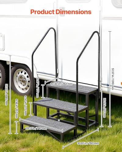 VEVOR RV Steps with Dual Handrails, 3 Steps, 660 lbs Load Capacity, Heavy Duty Outdoor RV Stairs with Non-Slip Mat for Elderly/Pets, Portable Stairs for Hot Tub, Camper, Mobile Home, Porch, Pool, SPA - 2