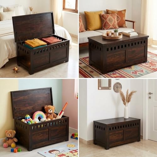 Image of Amazon Brand - Solimo Novae Solid Sheesham Wood Storage Trunk | Wooden Box Chest for Clothes Linen Storage for Bedroom Living Room and Home (Walnut Finish)