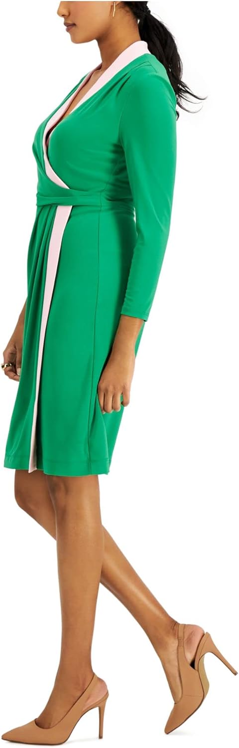 Kasper Womens Colorblock Midi Wrap Dress Green S
