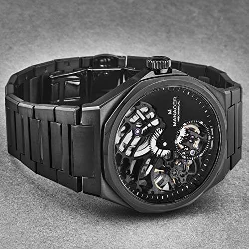 Manager Men's 'Revolution' Black Dial Black Stainless Steel Bracelet Hand Winding Watch MAN-RM-09-NM2