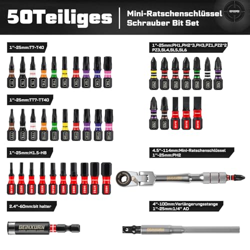 GEINXURN 50 tlg. 180° Schwenkkopf Mini Ratschenschlüssel Set, T-Griff Ratsche mit Verlängerung, Hex Nuss Adapter, 46 tlg. 25 mm S2 Stahl Magnetisch Bit Set (Phillips/Pozidriv/Torx/Hex) und Bit Halter