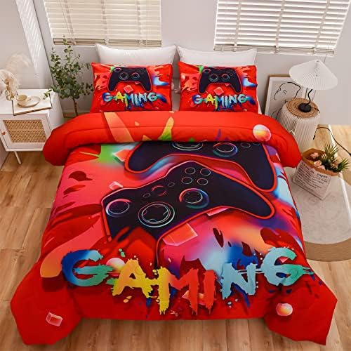 Aimuan Gaming Comforter Sets for Boys Kids Bedding Sets Video Games Console Action Buttons Novelty Colorful Game Gamepad Controller Modern Gamer Room Decor Home Quilt Set (Twin, Red)