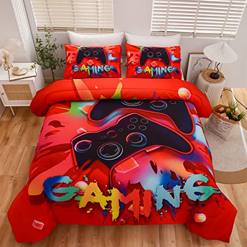Aimuan Gaming Comforter Sets For Boys Kids Bedding Sets Video Games Console Action Buttons Novelty Colorful Game Gamepad Controller Modern Gamer Room Decor Home Quilt Set (Twin, Red) #TOP2