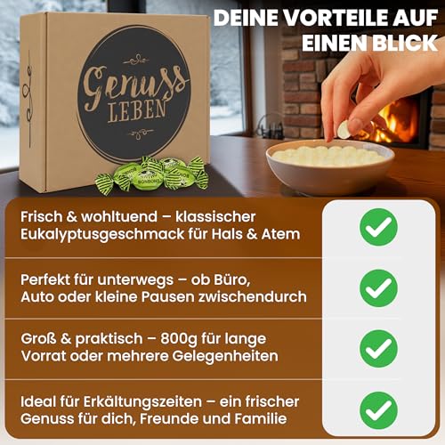 Genussleben Box mit Eukalyptus 800g, Hustenbonbons, Süßigkeiten in Großpackung, Bonbons mit Eukalyptus