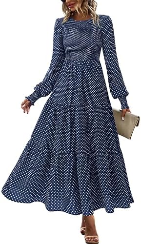 dowerme Maxi Dresses for Women 2025 Long Sleeve Floral Smocked A Line Polka Dot Flowy Boho Vacation Dress Fall Clothes