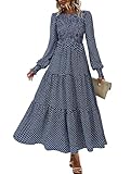 dowerme Maxi Dresses for Women 2025 Long Sleeve Floral Smocked A Line Polka Dot Flowy Boho Vacation Dress Fall Clothes(Dot Blue White,Medium)
