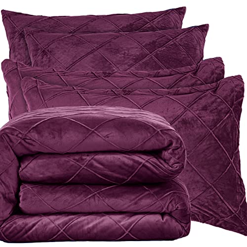 Phf Pleated Velvet Comforter Set Queen, 5Pcs Ultra Soft Warm Comforter Set For Fall And Winter, Cozy Flannel Velour Bed In A Bag, Include Comforter, Pillow Shams And Euro Shams, Wine Red #TOP6