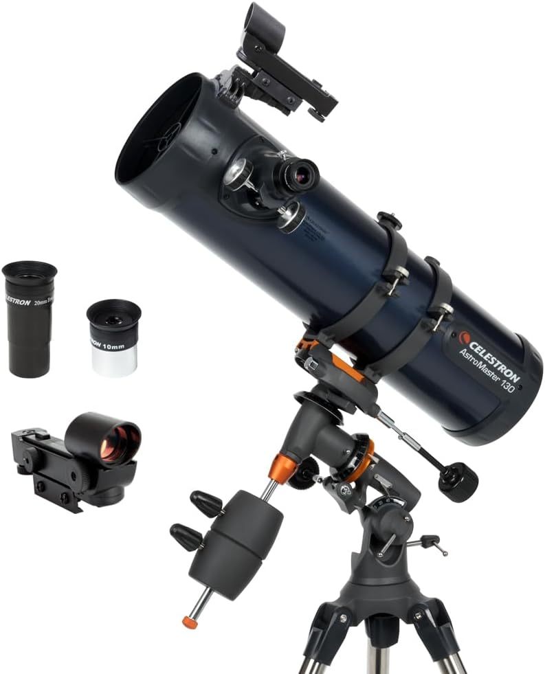 AstroMaster 130EQ Newtonian Telescope – Manual Reflector for Beginners – Aluminized Mirror – Adjustable-Height Tripod – Includes Accessories Plus Astronomy Software Package