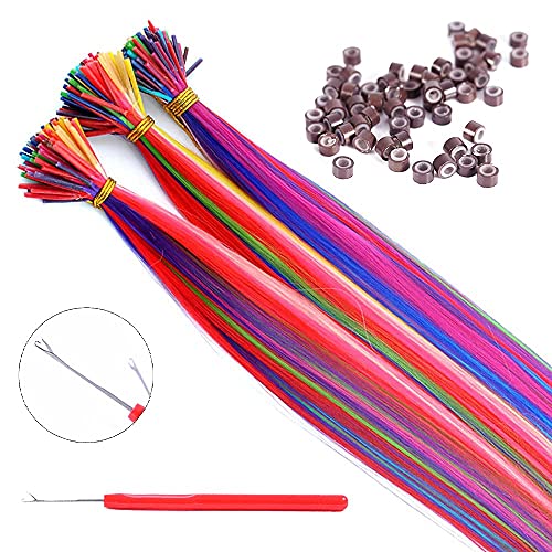 100 Strands 20" Party Colors Hair Extensions Kit +100 Micro Beads+ Micro Pulling Needle I-Tip Long Straight Hairpieces Synthetic Heat Resistant Highlight Feather Micro Ring Hair Accessories (10 Mix-Colors, I-Tip Hair Extensions Kit) #TOP2