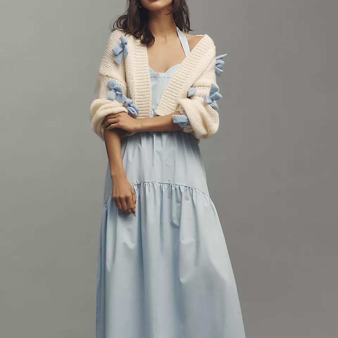 Women's 3D Bows Crop Cardigan Long Sleeve Drop Shoulder Open Front Knitted Cute Sweater Bolero - Image 2