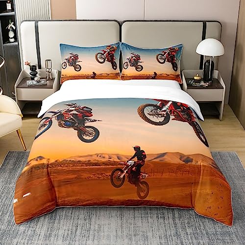 Juego de funda de edredón de algodón para niños y adultos, diseño de motociclista, tamaño King, para niños y adultos, con temática de deportes extremos, juego de ropa de cama con patrón de motociclis