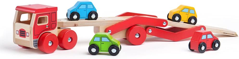 Bigjigs Toys, Wooden Car Transporter, Toy Car Ramp, Wooden Toys, for 1 Year Old Boys, Push Along Baby Vehicle Toy