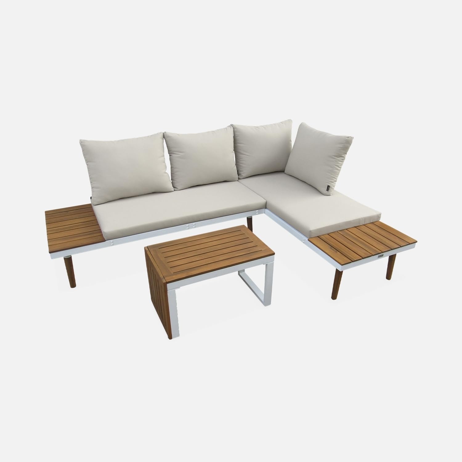 Alice's Garden - Salon de Jardin Beige et Blanc modulable en Aluminium et Bois d'acacia. 4 Places. Sao Paulo.140 x 68 x 65cm