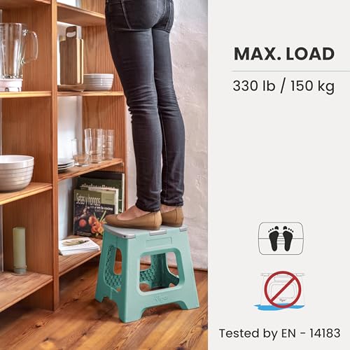 Image of Vigar Compact Folding Step Stool, 12-1 /2 in, Light Turquoise | 12-1 /2 in Foldable Stool, Lightweight Portable Design, Handle, Non Slip Surface, Space-Saving, Supports up to 330 lb