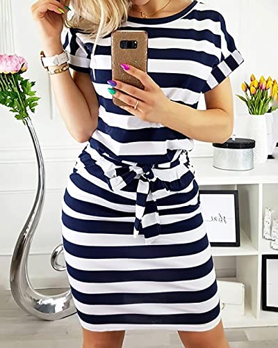 Image of PRETTYGARDEN Women's Summer Short Sleeve Crewneck Striped Dress Basic Solid Tie Waist Office T Shirt Dresses Pockets