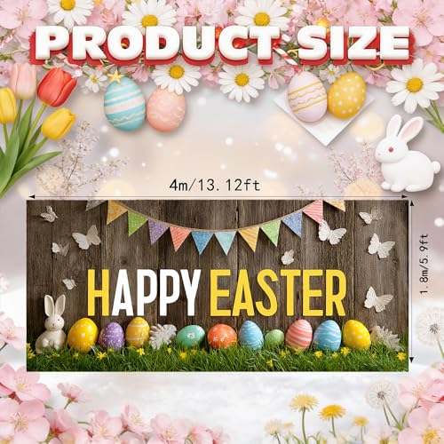 Image of Easter Garage Door Cover 157.48 x 70.87 Inch Rustic Wood Background Colorful Eggs Bunting Flags Happy Easter Text Vibrant Outdoor Decor Spring Celebration Family Party Garage Display