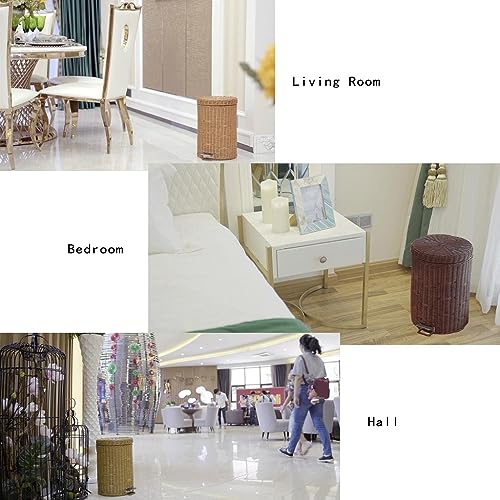 Silent Pedal Wicker Trash Can with Lid, Round Rattan Wastebasket with Removable Liner, Ideal for Bathroom, Kitchen, Living Room - Stylish & Functional Garbage Bin