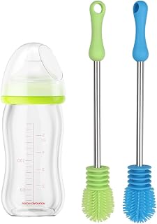 DIYEAH Cepillo para Biberón y Vaso de Vidrio con Mango Cerdas Suaves de Silicona Cabezal Desmontable Limpieza Eficaz para Botellas y Tazas Color Verde Fluorescente