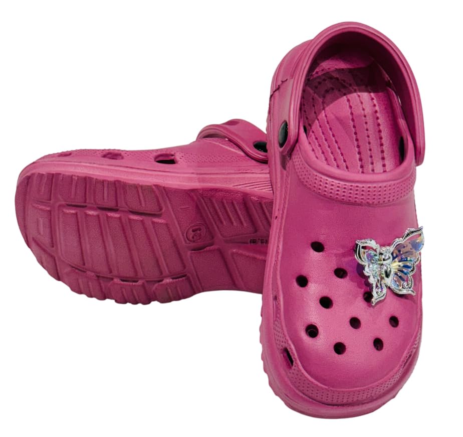 Image of Girls' Clog Sandals with Butterfly Charms - Lightweight, Waterproof, Slip-On Summer Shoes with Adjustable Heel Strap