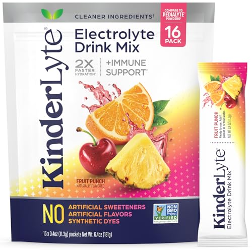 Kinderlyte Electrolyte Powder Drink Mix, Hydration Packets, No Artificial Sweeteners or Flavors, No Synthetic Dyes, Vegan, Non-GMO, Gluten Free, for Kids and Adults, Fruit Punch (16 Count)