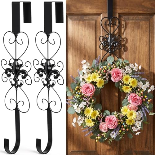 Otoolling 2 Pack Black Wreath Hangers for Front Door Heavy Duty Metal Wreath Hook 15.5 Inch Black Door Hanger Elegant Design Decor Wreaths Hanger for Easter Christmas Indoor Outdoor