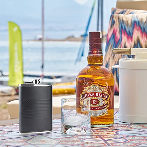 New Scale American Flag Flask Set, 8 Oz Flasks For Liquor For Men With Funnel & 2 Cups , 18/8 Stainless Steel Alcohol Drinking Flask For Men Great Gift Box（Black Leather） #TOP4