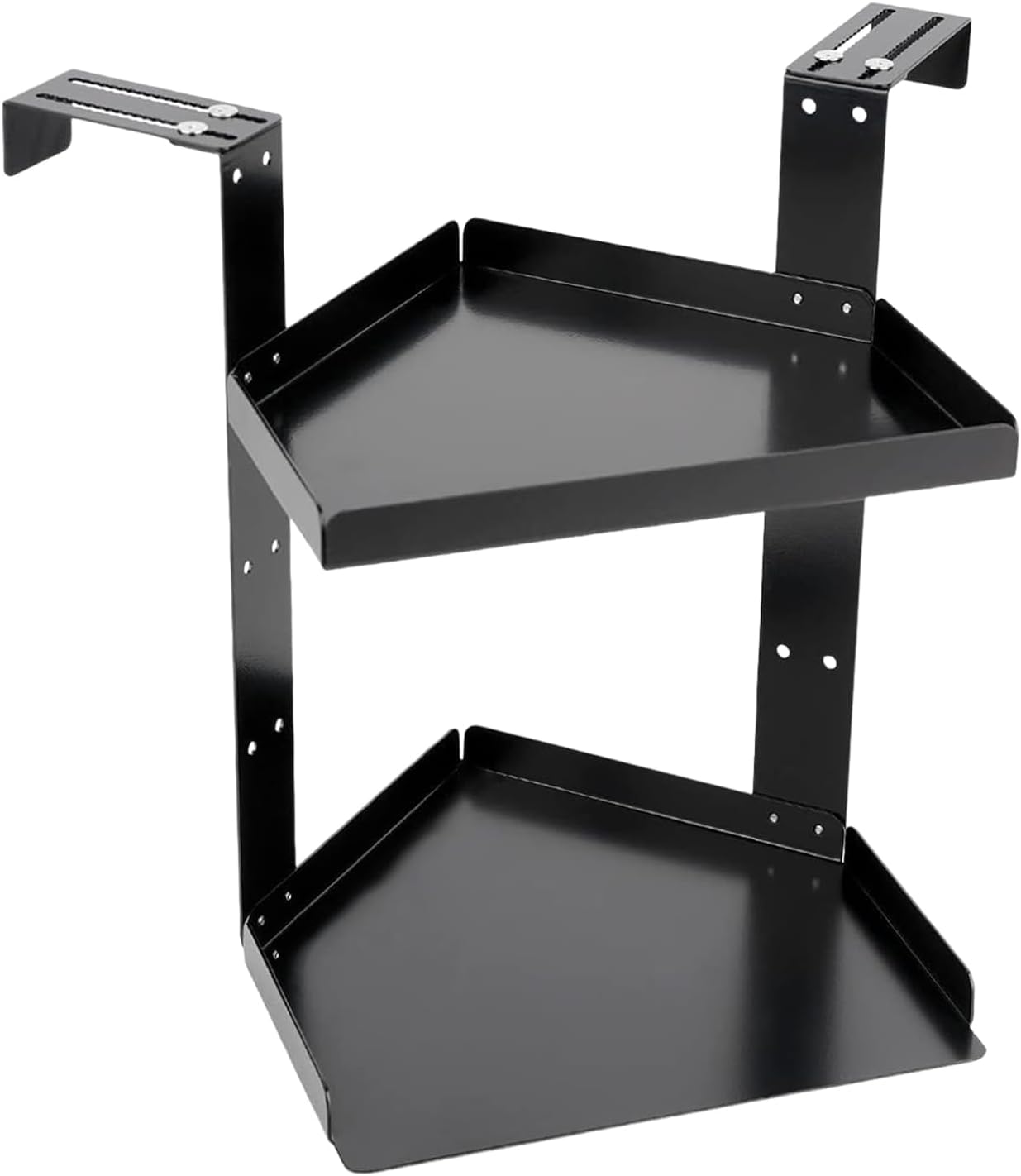 Wall Organizer, Adjustable Two Tier Storage, Corner Shelf with Integrated Hooks, Home Office Organization, Kitchen Bathroom Accessory, Bedroom Wall Display, Vertical Space Maximizer, Black Wire