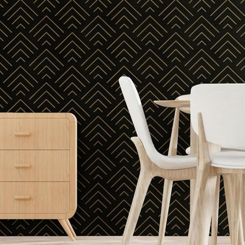 Image of TEKCOOL Self Adhesive Wallpaper Black and Gold Pattern Peel and Stick Wallpaper Gold Lines Geometric Sticky Back Vinyl Removable Contact Paper Wall Covering Decorative Film DIY 45x300cm (Black-4pc);