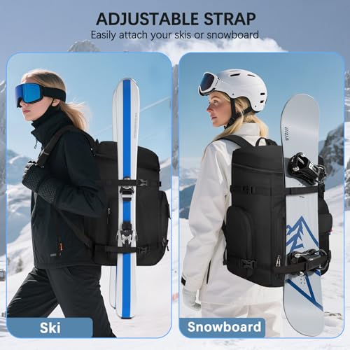 TENFLY Ski Boot Bag,65L Snowboard Boot Bag for Air Travel,Padded Ski Bakcpack for Helmet, Goggles, Gloves, Skis, Snowboard & Accessories,Waterproof Equipment Gear Backpck