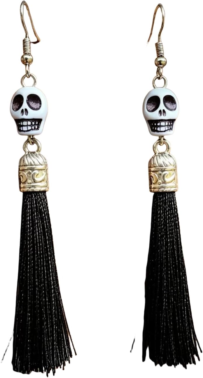 Cool Punk Halloween Skull Tassel Dangle Earrings Colorful Gothic Skeleton Head Fringe Earrings for Women Halloween Holiday Festive Cosplay Party Costume Jewelry Gifts