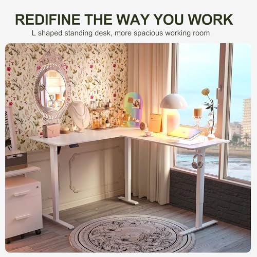 Image of BANTI L-Shaped Standing Desk - 63 x 55 Inch Adjustable Corner Standing Desk with Charging Station - L Shape Sit Stand Table with Memory Controller, Splice Board for Home Office, White