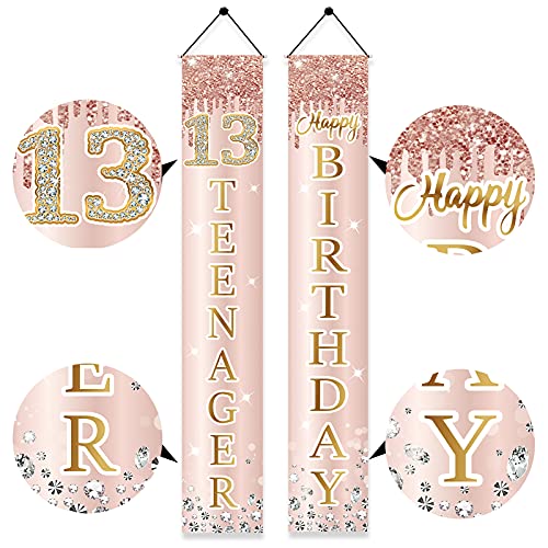 Image of 13th Birthday Decorations Door Banner for Girls, Pink Rose Gold 13 Teenager Happy Birthday Sign Party Supplies, Sweet Thirteen Year Old Birthday Backdrop Porch Decor