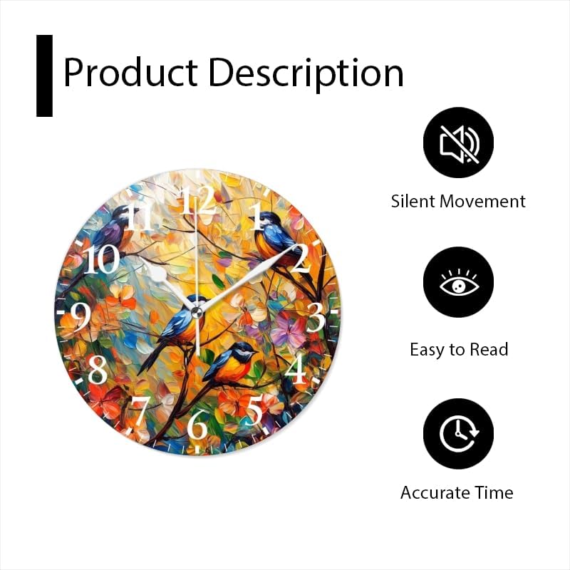 Battery Operated Round Wall Clock Non-Ticking Silent Analog Clcok Decorative for Living Room,Office,Kitchen-Birds with Textured Flowers(16inch)