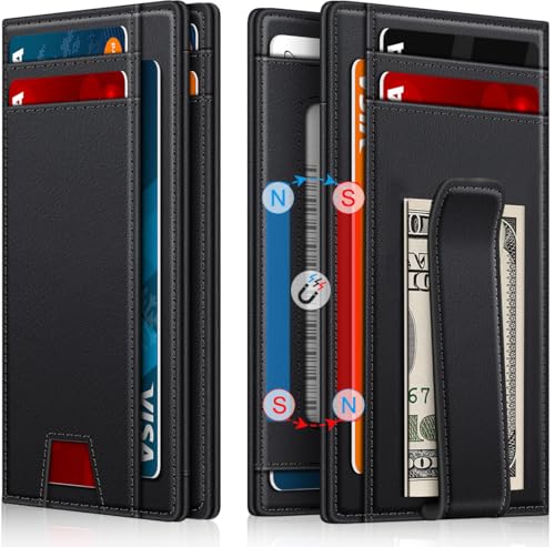 Wallet for Men 14-16 Cards, Minimalist Men Leather Wallet, Men's Front Pocket Bifold Wallets with Money Clip, Slim Thin Card Holder RFID Blocking Bill Folder & Magnetic Closure, Gifts for Men, Black
