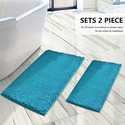 Image of BOANKODU Bathroom Rugs Sets 2 Piece, Extra Soft Chenille Bath Mat Absorbent Bathroom Rug, Bathroom Mat with Non-Slip Bottom, Machine Washable Bath Rugs (32x20 Inch + 24x16 Inch, Turquoise)