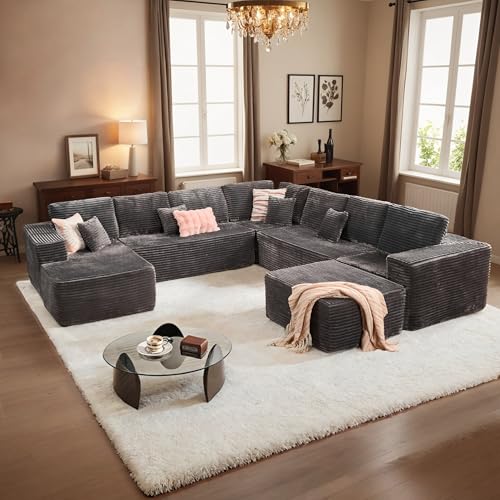 Image of HOOOWOOO Cloud Sectional Couches for Living Room,Modular Sectional Sofa No Assembly,136X133 Inch Plush Corduroy Large G Shaped Floor Sofa Set with Deep Seat Chaise Ottoman(Gray)