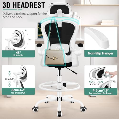 Image of Drafting Chair, Tall Office Chair with 3D Lumbar & Head Support, Ergonomic Mesh Standing Desk Chair with Footring, Comfy Extended High Desk Chair with Flip-Up Arms & Hanger,White