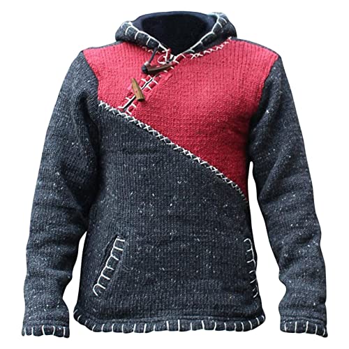 Maiyifu-GJ Men Retro Hoodie Knitwear Color Block Halloween Costume Loose Knit Sweatshirt Patchwork Hooded Sweater Pullover (Red,Medium)