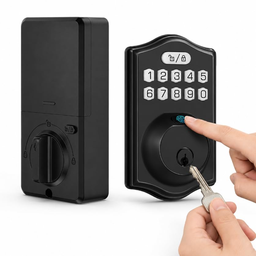 Smart Fingerprint Door Lock – Serratura Bluetooth Keyless Entry con controllo app, codice PIN e chiave di backup, nero esterno/finitura interna nera